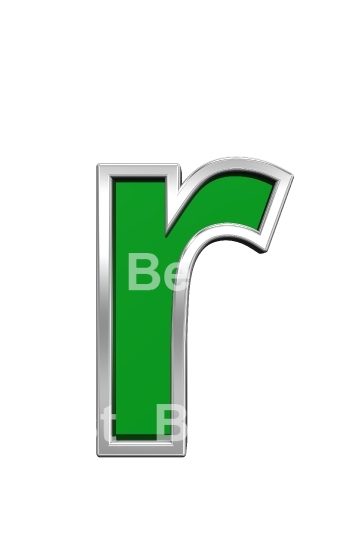 One lower case letter from green glass with chrome frame alphabet set, isolated on white.