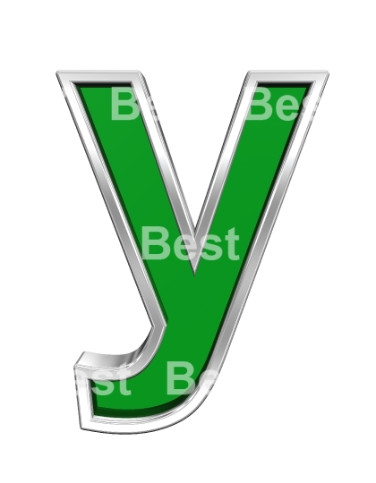 One lower case letter from green glass with chrome frame alphabet set, isolated on white.