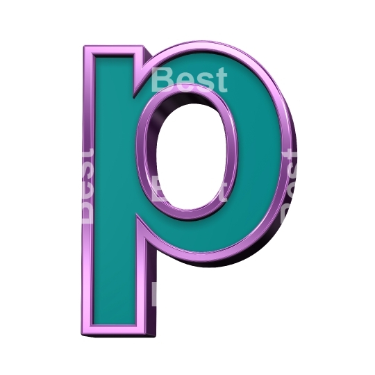 One lower case letter from green glass with violet frame alphabet set, isolated on white. 