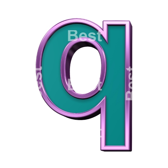 One lower case letter from green glass with violet frame alphabet set, isolated on white. 