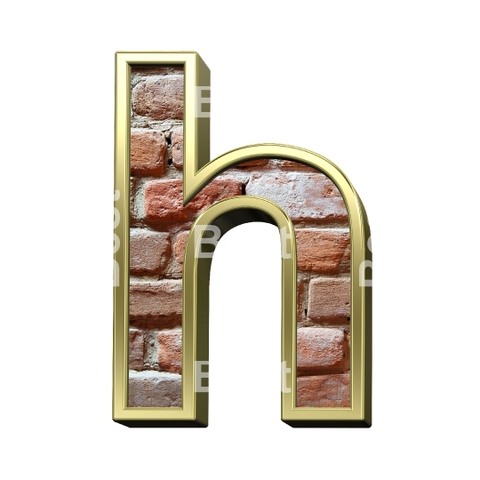 One lower case letter from old brick with gold frame alphabet set, isolated on white.