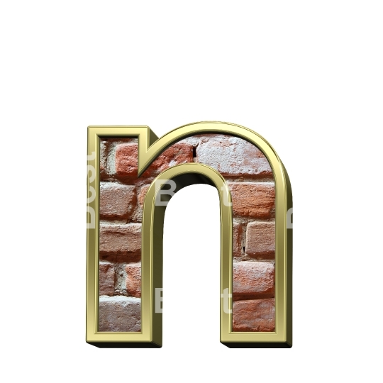 One lower case letter from old brick with gold frame alphabet set, isolated on white.