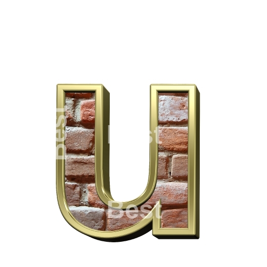 One lower case letter from old brick with gold frame alphabet set, isolated on white.