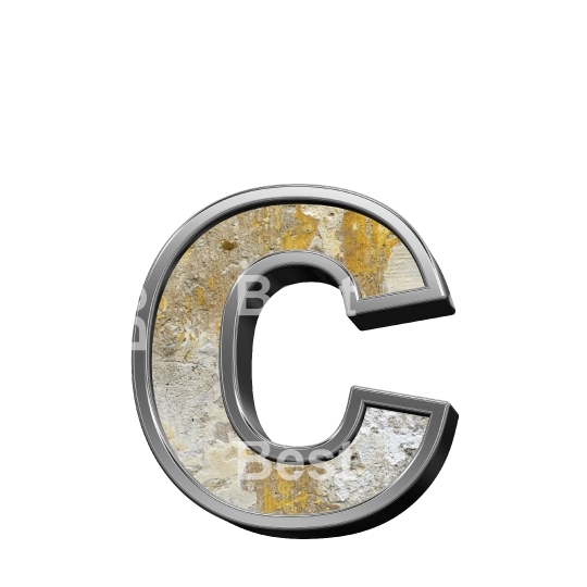 One lower case letter from old concrete with silver frame alphabet set, isolated on white.