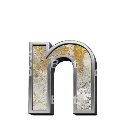 One lower case letter from old concrete with silver frame alphabet set, isolated on white.