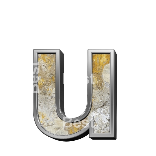 One lower case letter from old concrete with silver frame alphabet set, isolated on white.