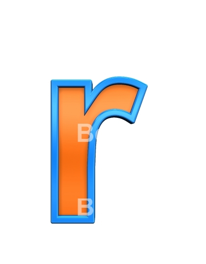 One lower case letter from orange glass with blue frame alphabet set, isolated on white. 