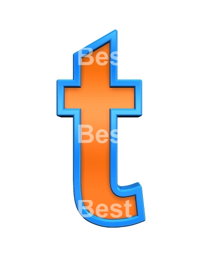 One lower case letter from orange glass with blue frame alphabet set, isolated on white. 