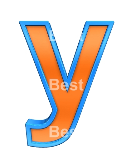 One lower case letter from orange glass with blue frame alphabet set, isolated on white. 