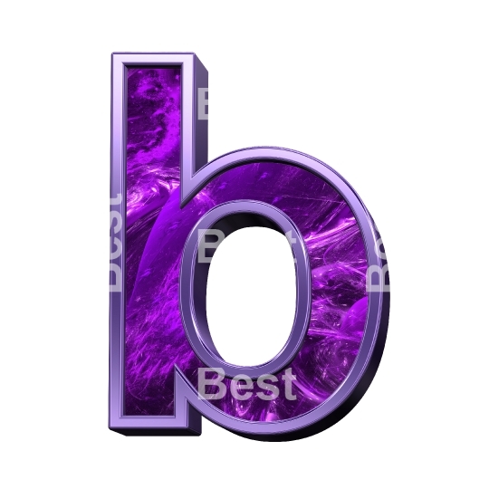 One lower case letter from purple fractal with shiny frame alphabet set, isolated on white.