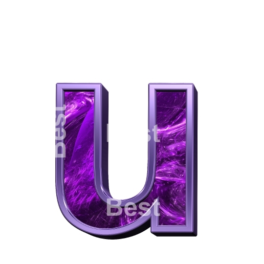 One lower case letter from purple fractal with shiny frame alphabet set, isolated on white.