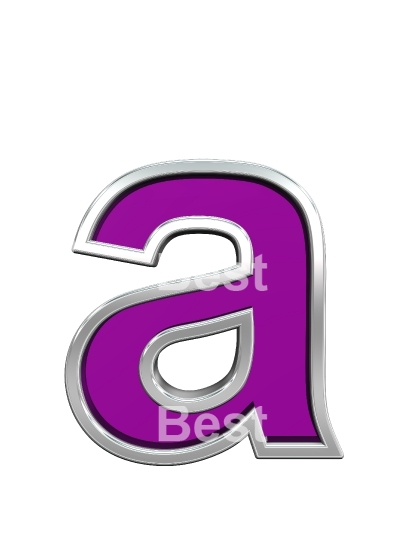 One lower case letter from purple glass with chrome frame alphabet set, isolated on white.