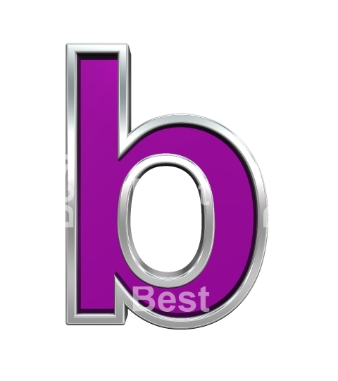 One lower case letter from purple glass with chrome frame alphabet set, isolated on white.