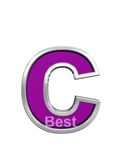 One lower case letter from purple glass with chrome frame alphabet set, isolated on white.