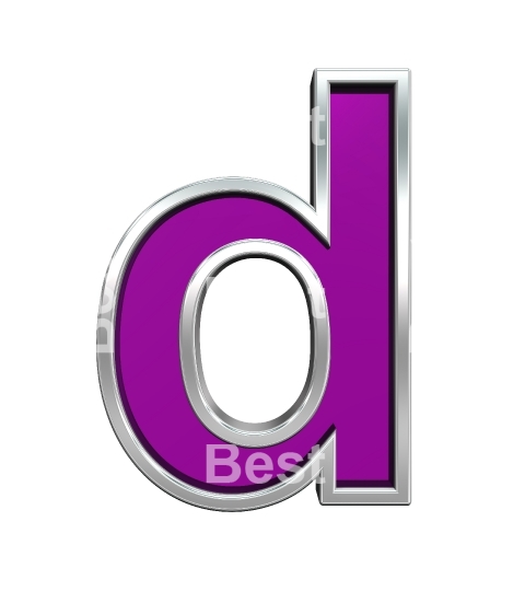 One lower case letter from purple glass with chrome frame alphabet set, isolated on white.