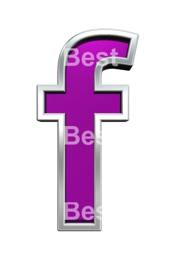 One lower case letter from purple glass with chrome frame alphabet set, isolated on white.