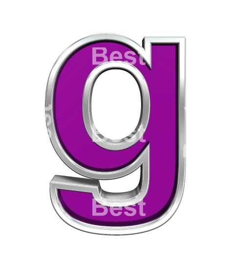 One lower case letter from purple glass with chrome frame alphabet set, isolated on white.