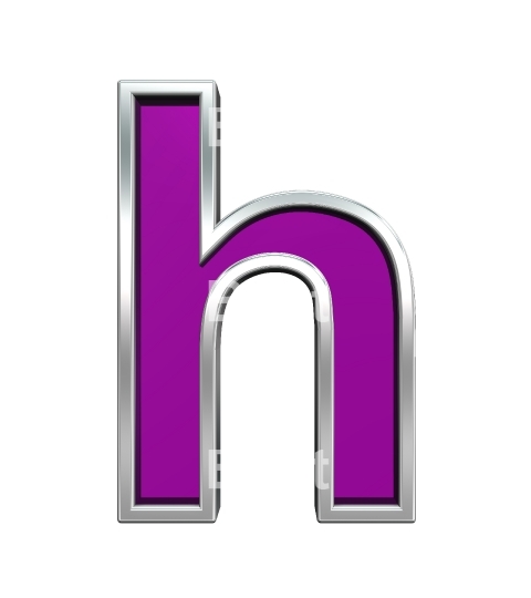 One lower case letter from purple glass with chrome frame alphabet set, isolated on white.