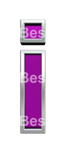One lower case letter from purple glass with chrome frame alphabet set, isolated on white.