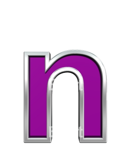 One lower case letter from purple glass with chrome frame alphabet set, isolated on white.