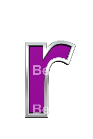 One lower case letter from purple glass with chrome frame alphabet set, isolated on white.