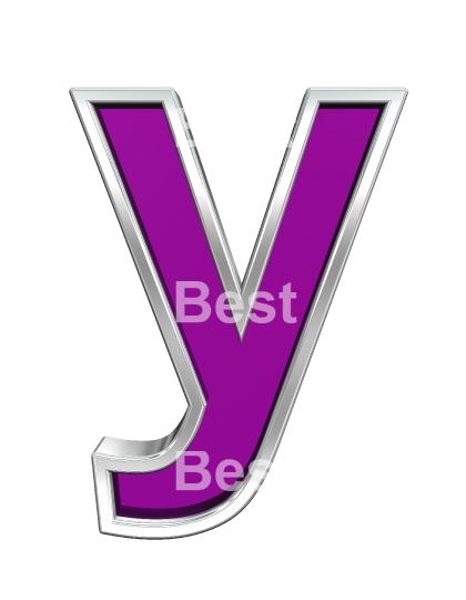 One lower case letter from purple glass with chrome frame alphabet set, isolated on white.