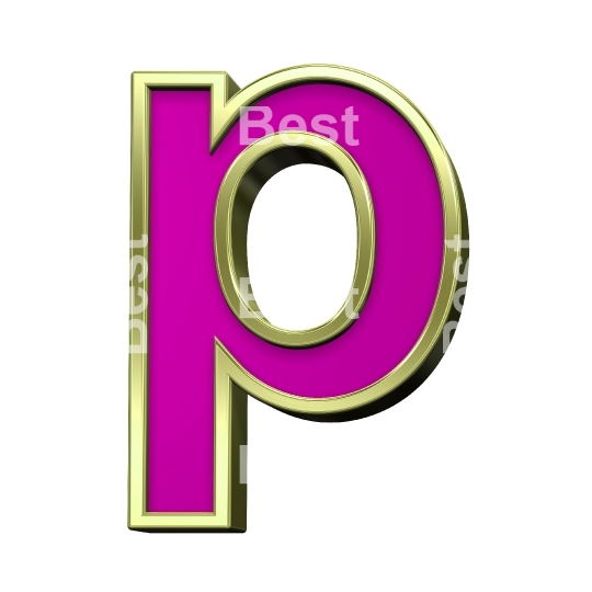 One lower case letter from purple glass with gold frame alphabet set, isolated on white. 