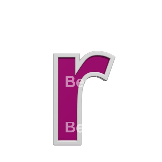 One lower case letter from purple glass with white frame alphabet set, isolated on white. 
