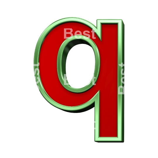 One lower case letter from red glass with green frame alphabet set, isolated on white. 