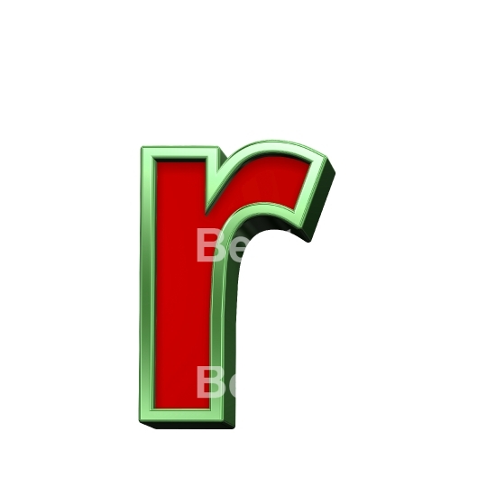 One lower case letter from red glass with green frame alphabet set, isolated on white. 