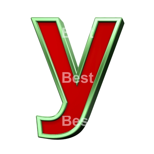One lower case letter from red glass with green frame alphabet set, isolated on white. 