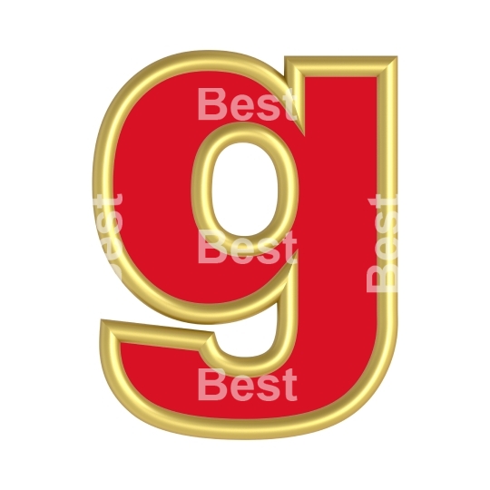 One lower case letter from red with gold shiny frame alphabet set, isolated on white