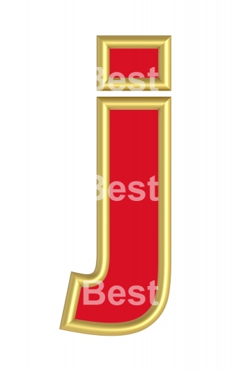 One lower case letter from red with gold shiny frame alphabet set, isolated on white