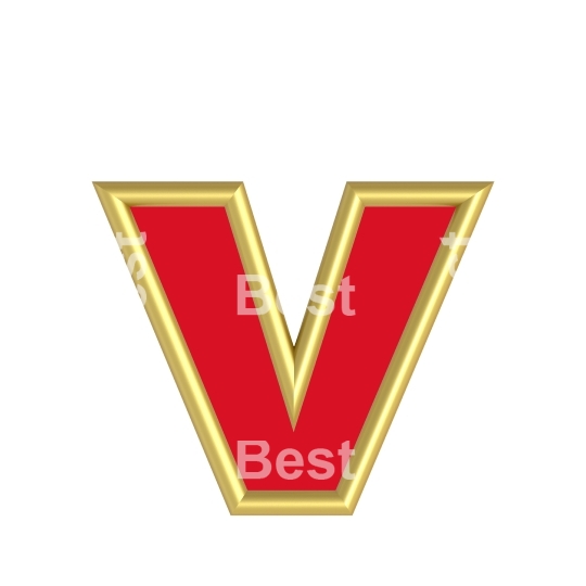 One lower case letter from red with gold shiny frame alphabet set, isolated on white
