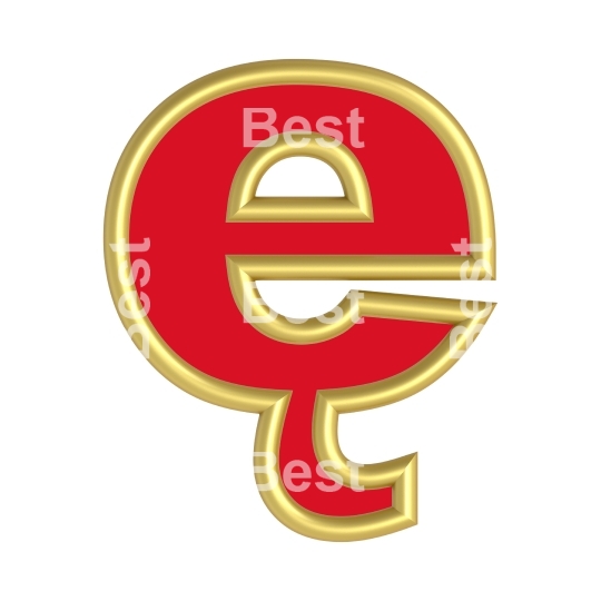 One lower case letter from red with gold shiny frame alphabet set, isolated on white