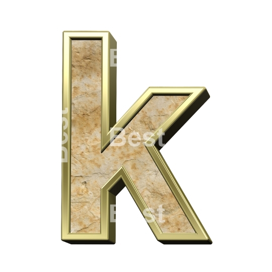 One lower case letter from sandstone with gold frame alphabet set isolated over white.