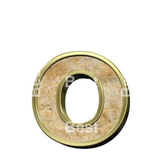 One lower case letter from sandstone with gold frame alphabet set isolated over white.