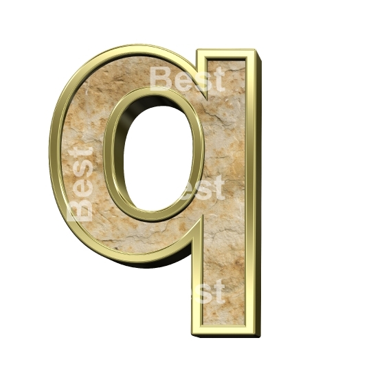 One lower case letter from sandstone with gold frame alphabet set isolated over white.