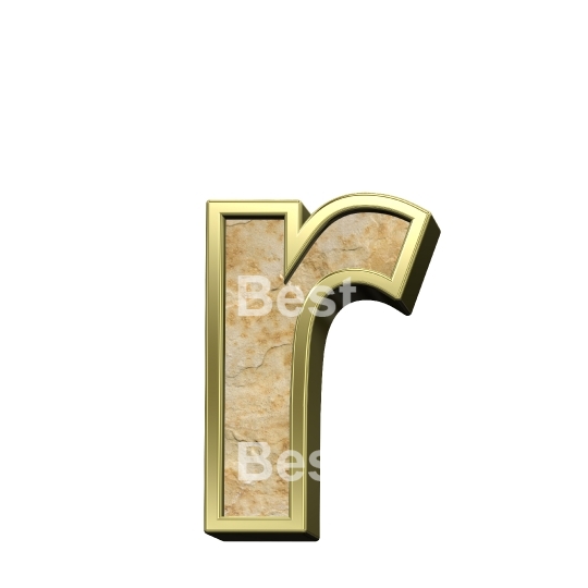 One lower case letter from sandstone with gold frame alphabet set isolated over white.