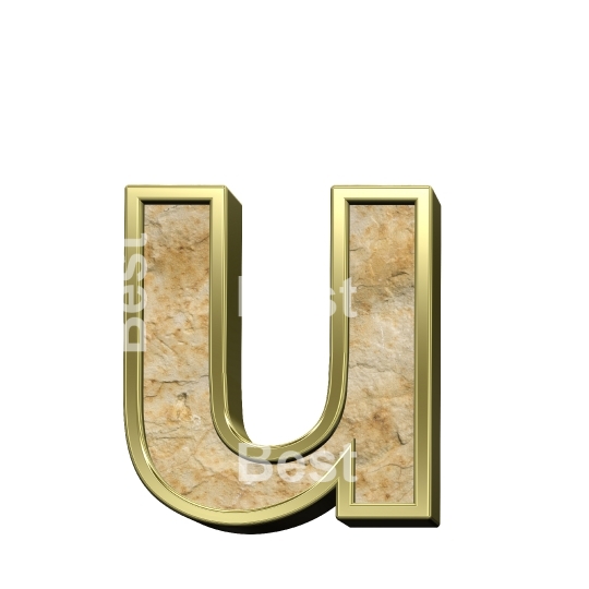 One lower case letter from sandstone with gold frame alphabet set isolated over white.