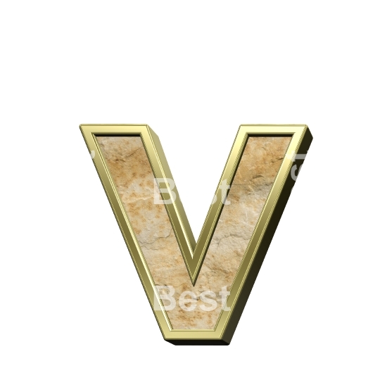 One lower case letter from sandstone with gold frame alphabet set isolated over white.