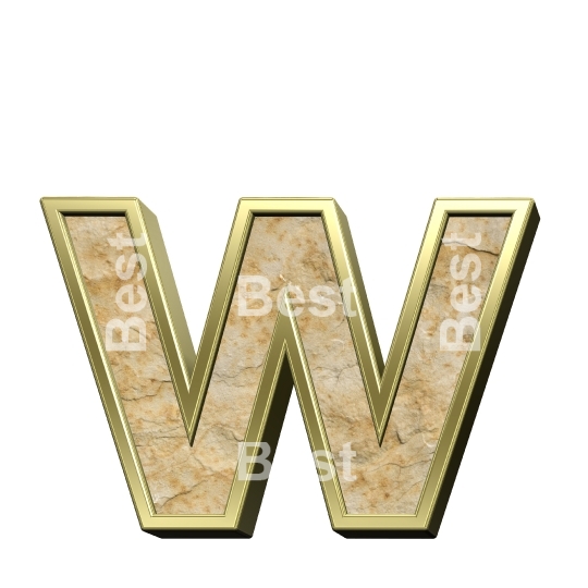 One lower case letter from sandstone with gold frame alphabet set isolated over white.