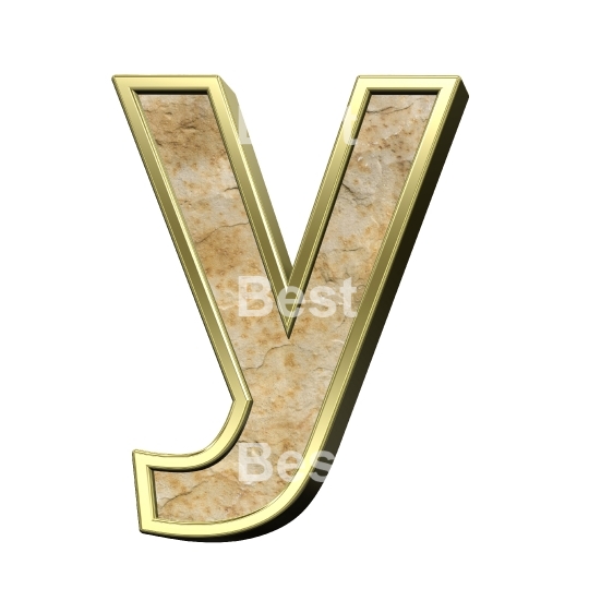 One lower case letter from sandstone with gold frame alphabet set isolated over white.