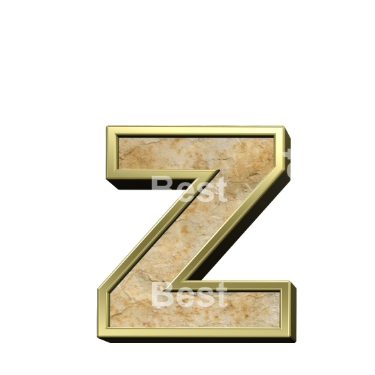 One lower case letter from sandstone with gold frame alphabet set isolated over white.