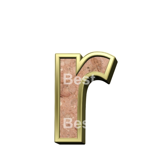 One lower case letter from stone conglomerate with gold frame alphabet set isolated over white.