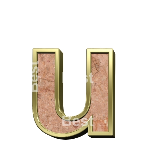 One lower case letter from stone conglomerate with gold frame alphabet set isolated over white.