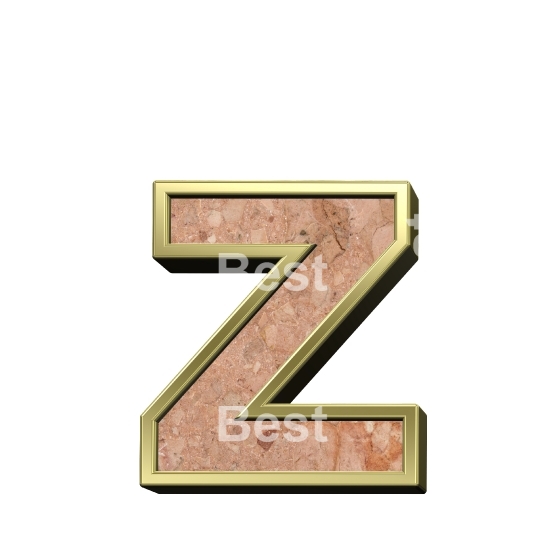One lower case letter from stone conglomerate with gold frame alphabet set isolated over white.