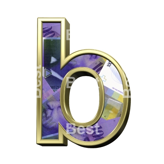 One lower case letter from Swiss franc bill with gold frame alphabet set, isolated on white.