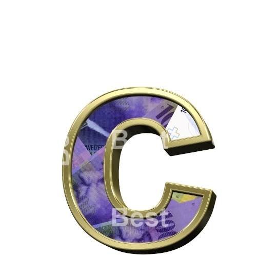 One lower case letter from Swiss franc bill with gold frame alphabet set, isolated on white.