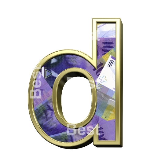 One lower case letter from Swiss franc bill with gold frame alphabet set, isolated on white.